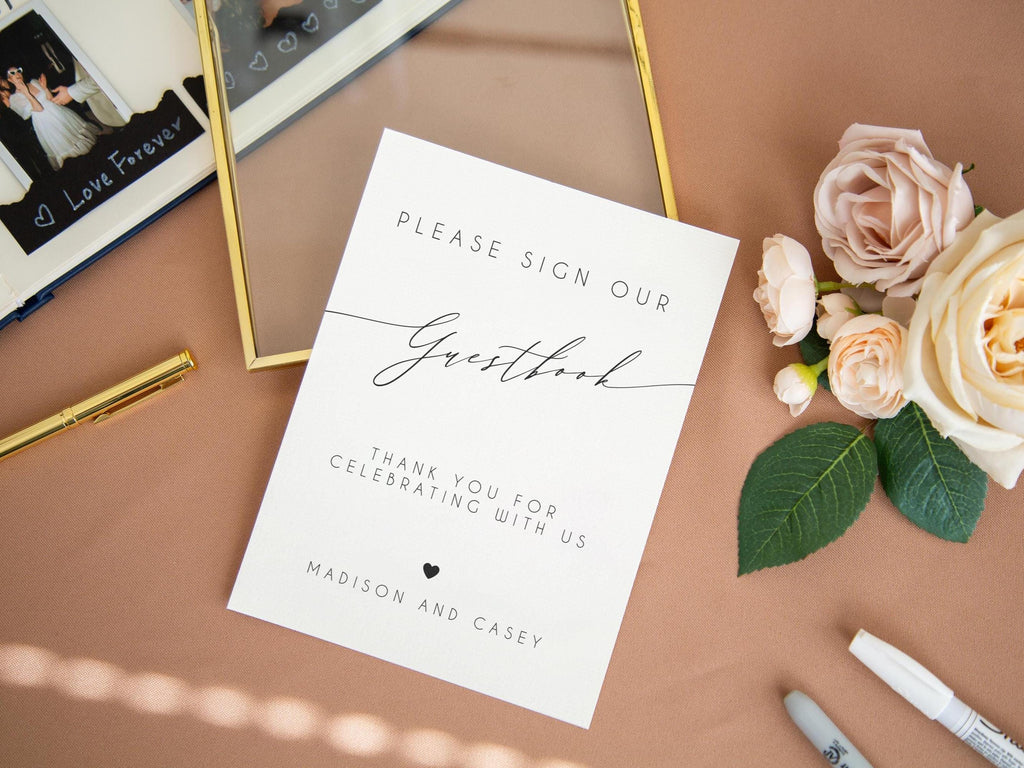 Paper Sign with Gold Frame (Design 4) - Thank You For Celebrating With Us Custom Guestbook Sign Plaque for Modern Wedding Reception Table