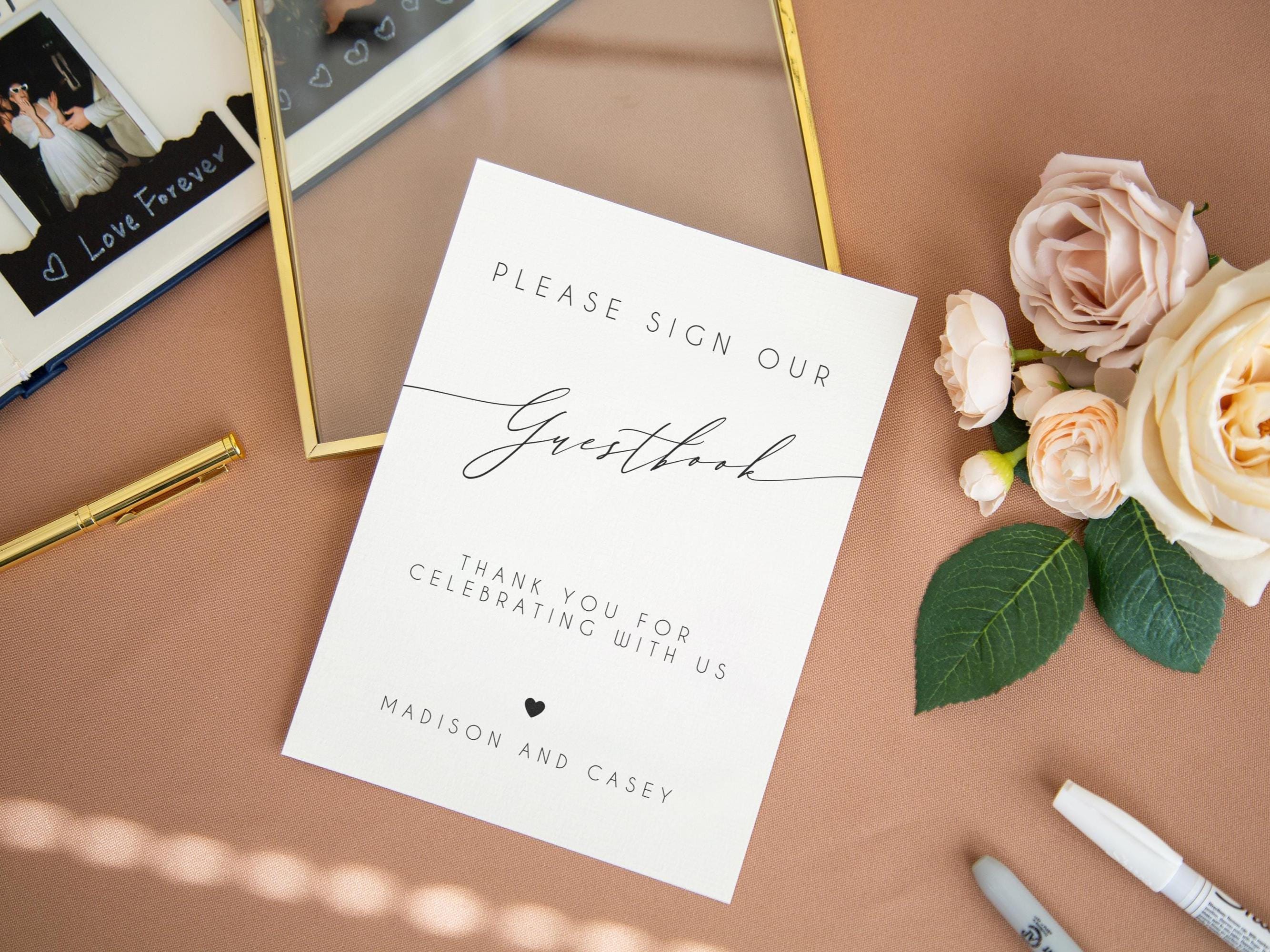 Paper Sign with Gold Frame (Design 4) - Thank You For Celebrating With Us Custom Guestbook Sign Plaque for Modern Wedding Reception Table