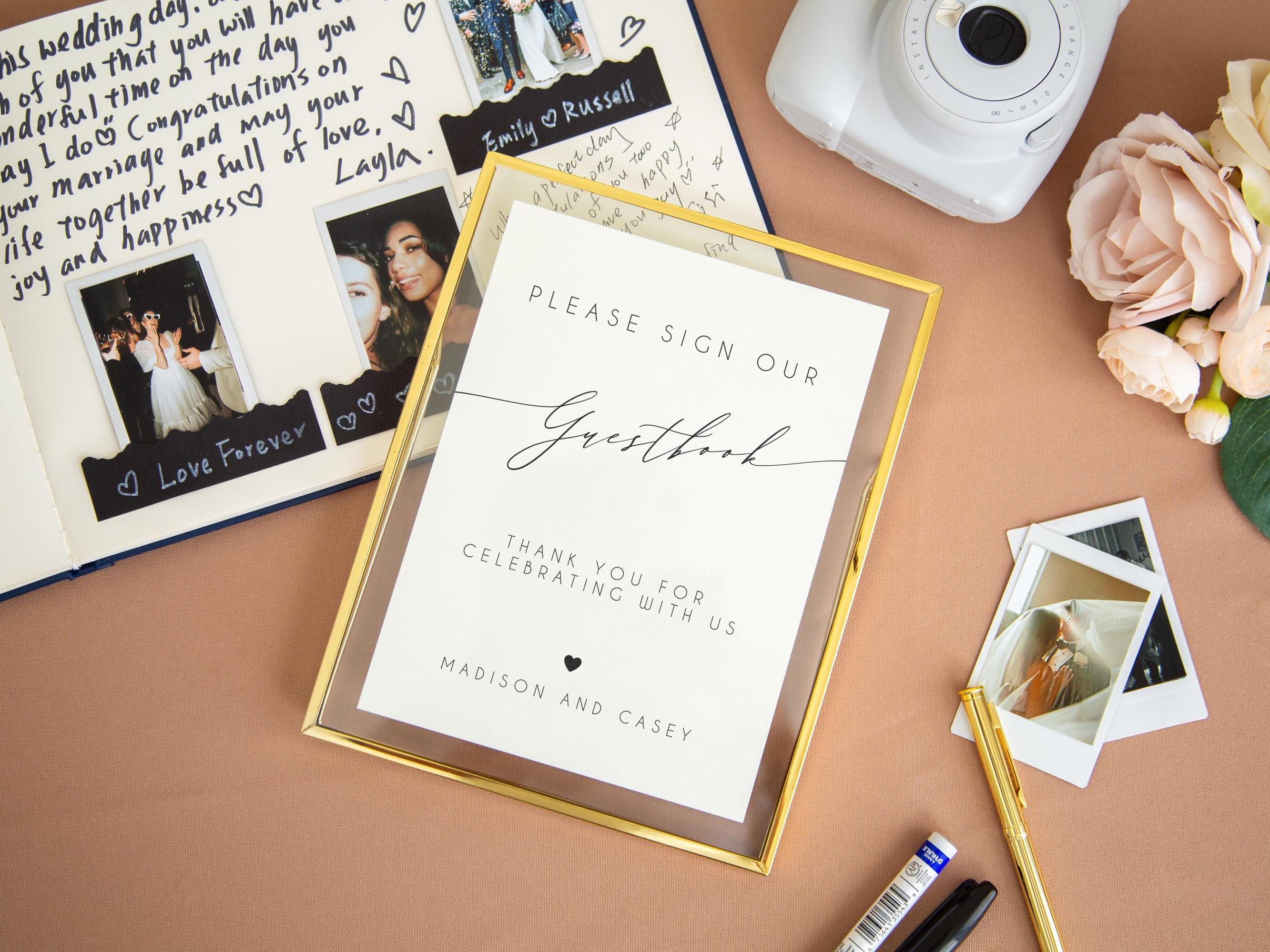 Paper Sign with Gold Frame (Design 4) - Thank You For Celebrating With Us Custom Guestbook Sign Plaque for Modern Wedding Reception Table