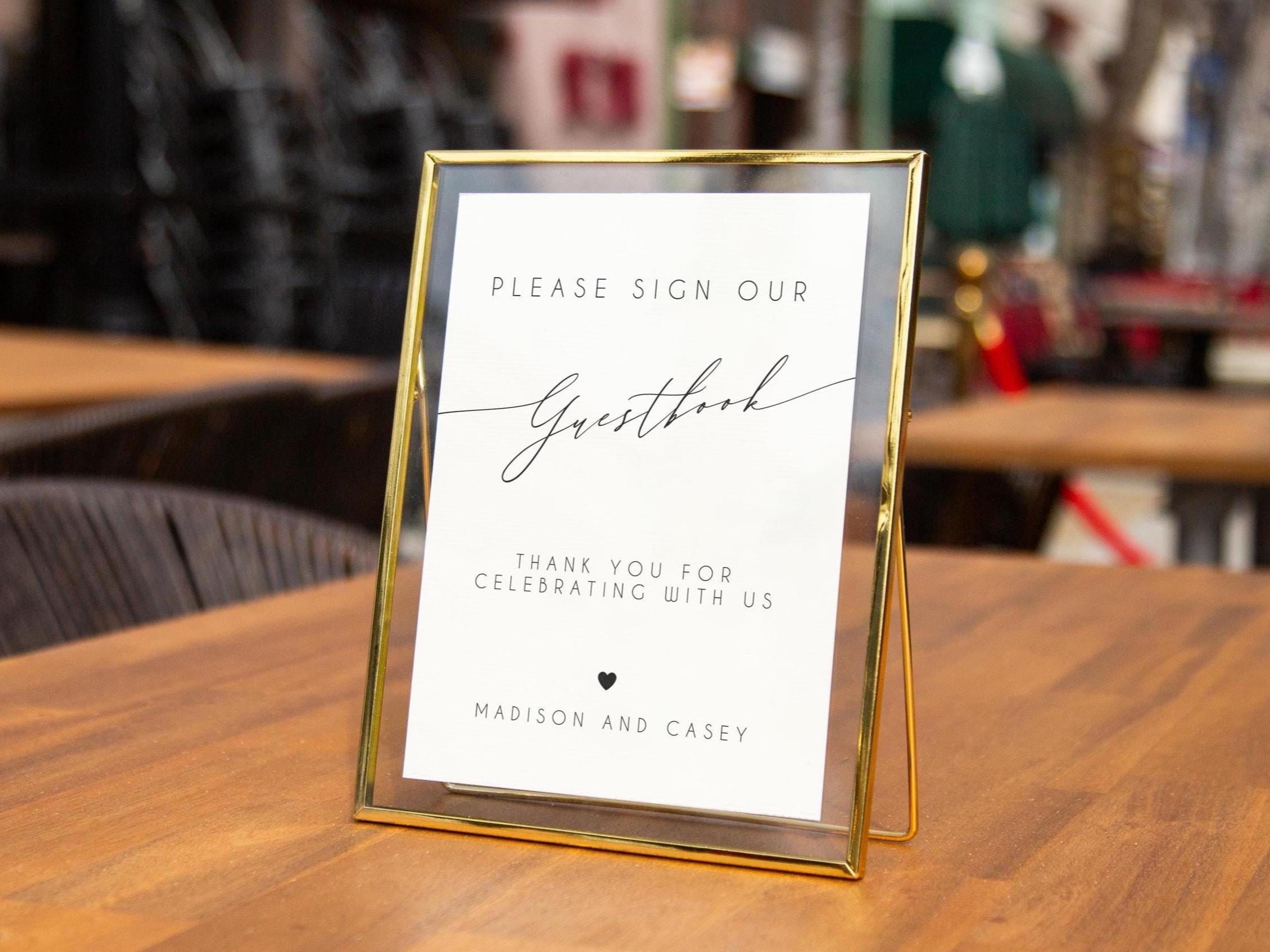 Paper Sign with Gold Frame (Design 4) - Thank You For Celebrating With Us Custom Guestbook Sign Plaque for Modern Wedding Reception Table