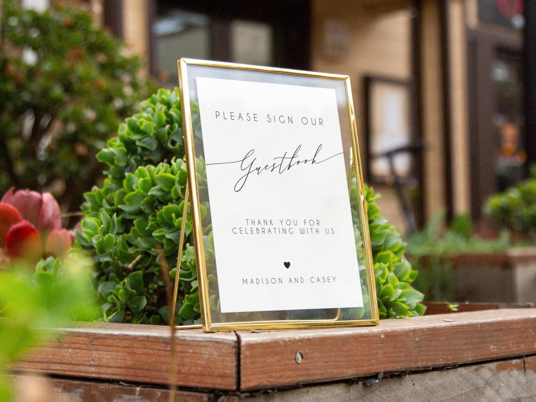 Paper Sign with Gold Frame (Design 4) - Thank You For Celebrating With Us Custom Guestbook Sign Plaque for Modern Wedding Reception Table