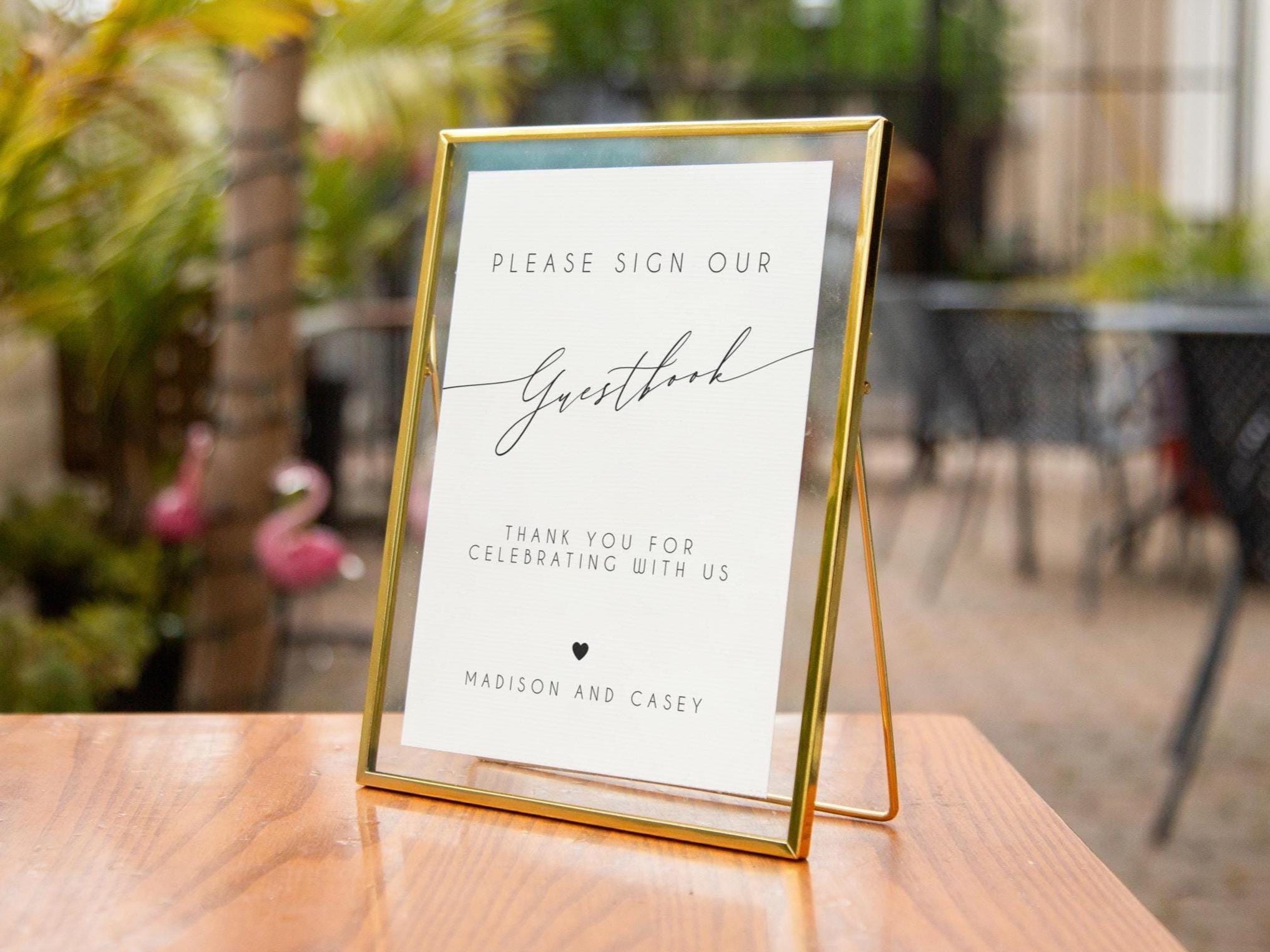 Paper Sign with Gold Frame (Design 4) - Thank You For Celebrating With Us Custom Guestbook Sign Plaque for Modern Wedding Reception Table