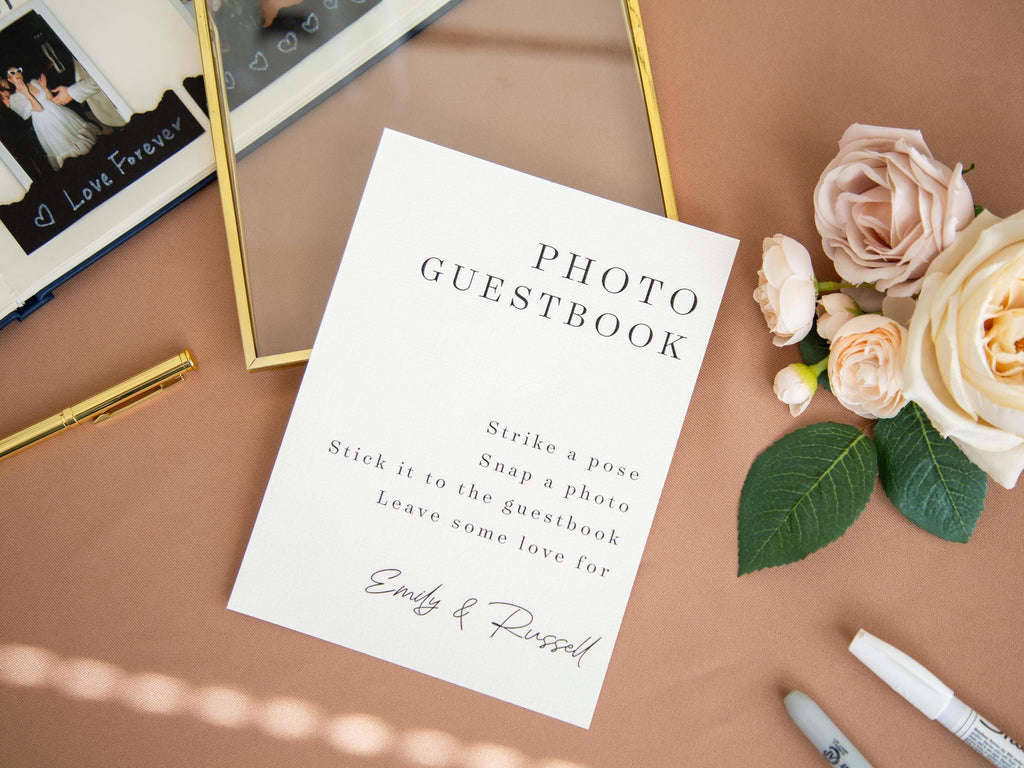 Paper Sign With Gold Frame (Design 1) - Snap A Photo Sign Our Guestbook Wedding Ceremony Reception Photo Guest Book Sign with Custom Name