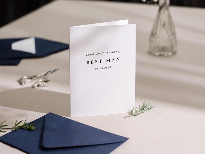 Wedding day folded card (d5) - custom dated thank you for being my groomsman best man ring bearer from groom bride with envelope