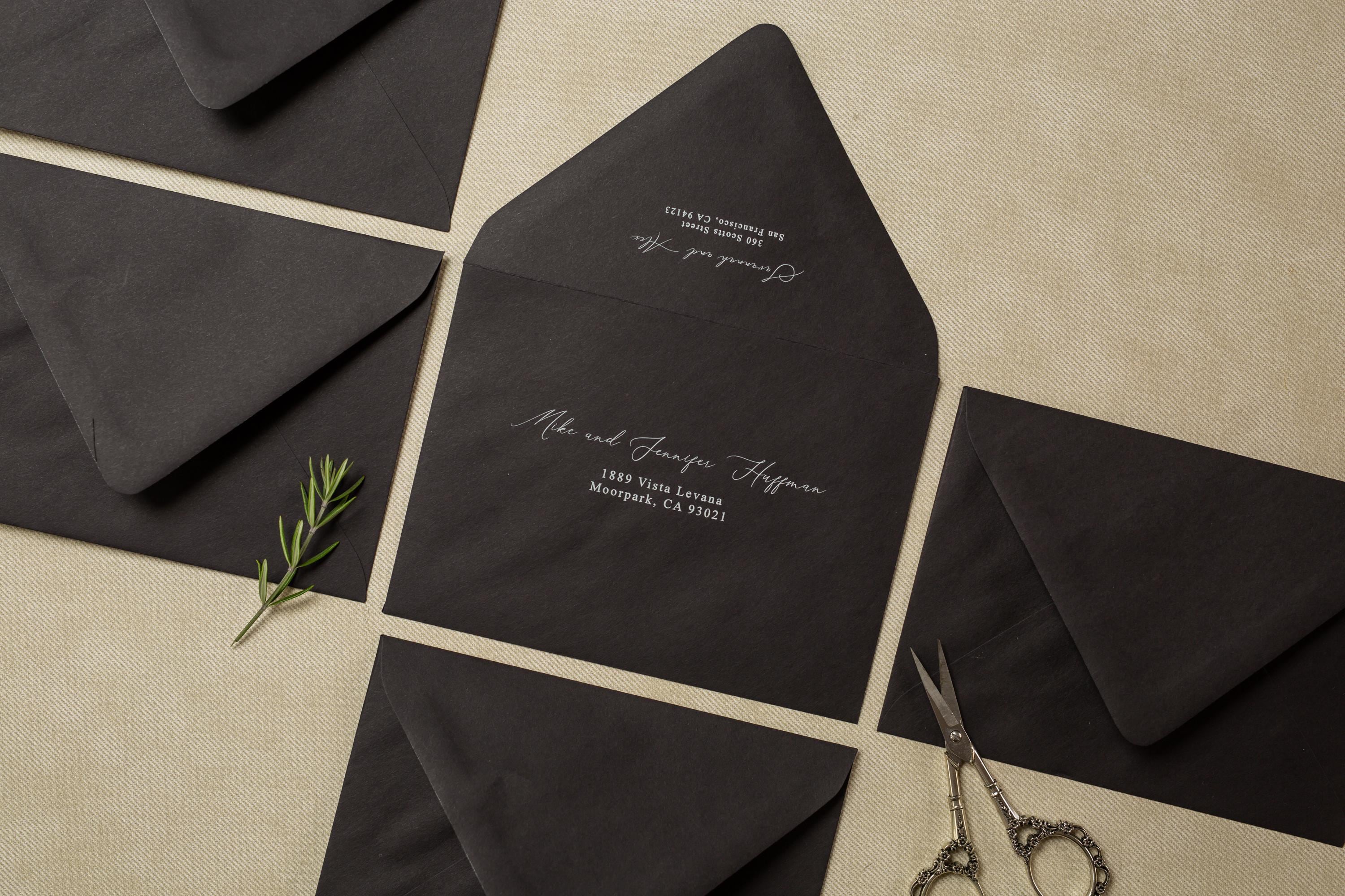 A7 envelope address printing (d4) - with white or black ink custom wedding guest invitation black navy green return envelopes personalized