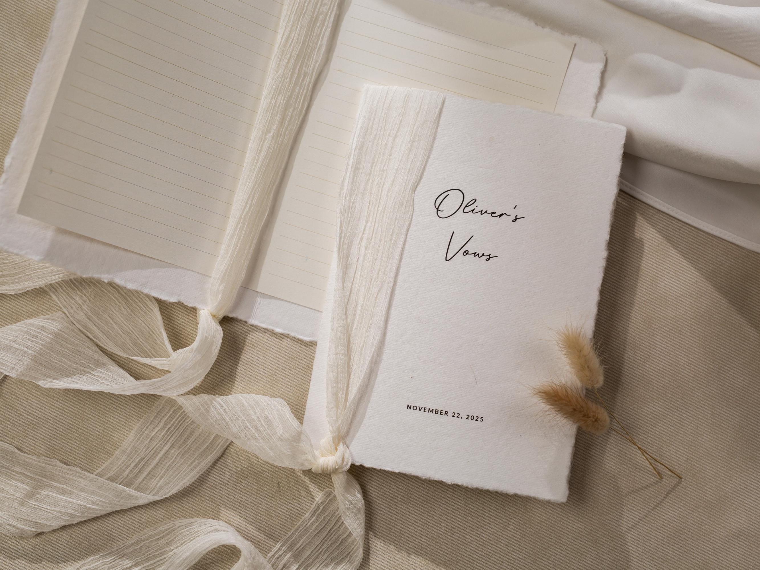 Personalized Deckled Edge Wedding Vow Booklets D1 - Set of 2, Vow Books w/ Ribbon, Vow Renewals, Husband Wife, Custom Names and Date, 5x7"