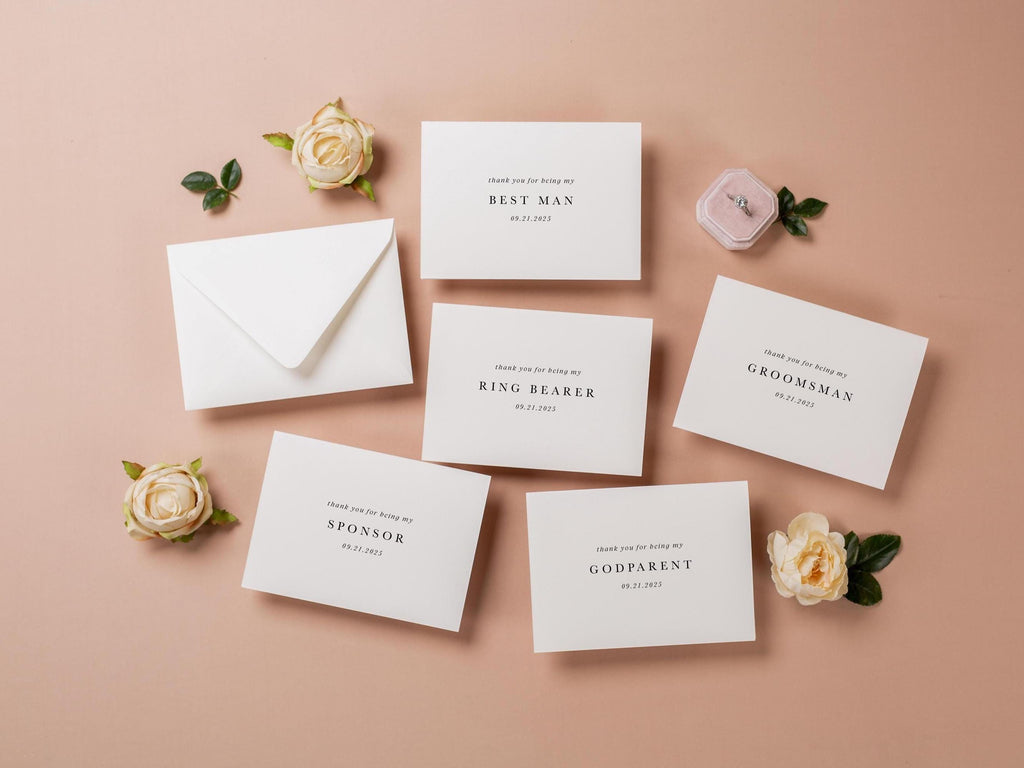 Wedding day folded card (d5) - custom dated thank you for being my groomsman best man ring bearer from groom bride with envelope