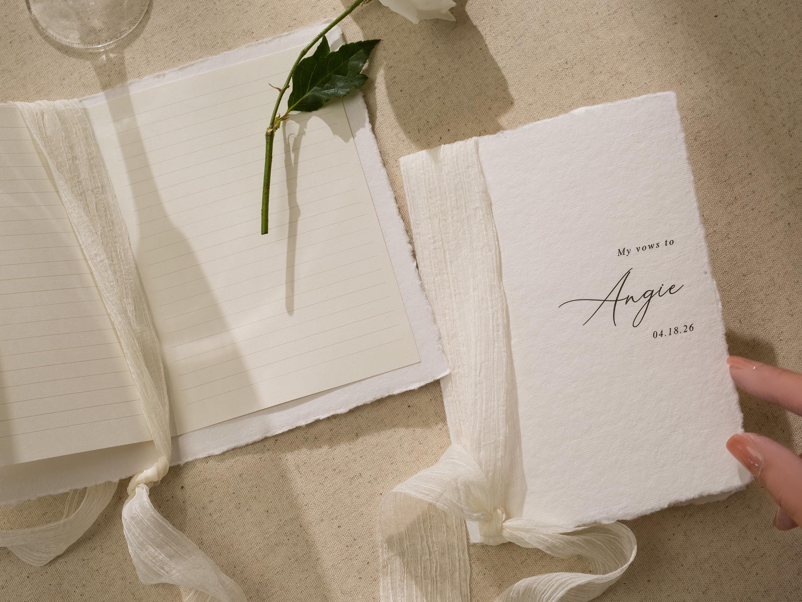 Personalized Deckled Edge Wedding Vow Booklets D4 - Set of 2, Vow Books w/ Ribbon, Vow Renewals, My Promises to, Custom Names and Date, 5x7"