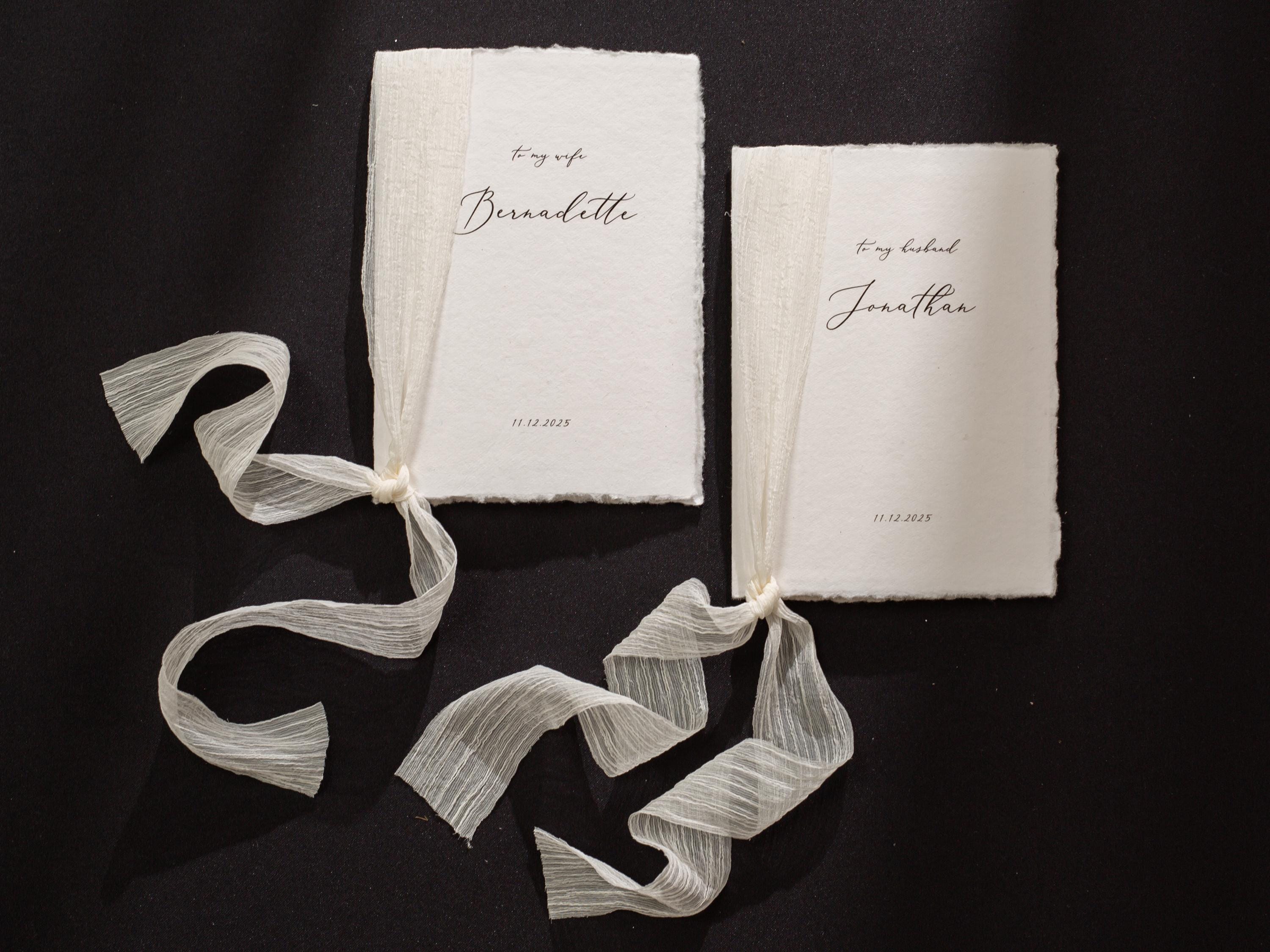 Personalized Deckled Edge Wedding Vow Booklets D3 - Set of 2, Vow Books w/ Ribbon, Vow Renewals, To My Husband Wife, Custom Names Date, 5x7"