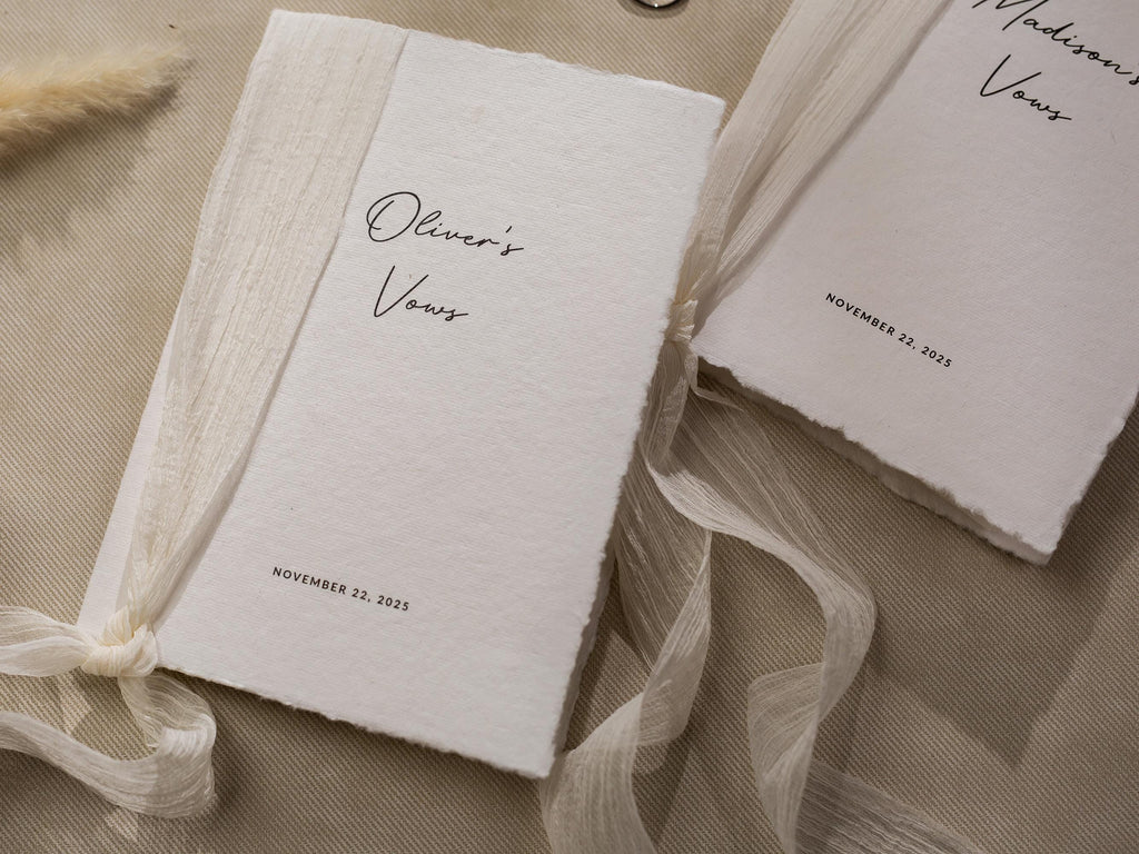 Personalized Deckled Edge Wedding Vow Booklets D1 - Set of 2, Vow Books w/ Ribbon, Vow Renewals, Husband Wife, Custom Names and Date, 5x7"