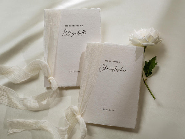 Personalized Deckled Edge Wedding Vow Booklets D2 - Set of 2, Vow Books w/ Ribbon, Vow Renewals, My Promises to, Custom Names and Date, 5x7"
