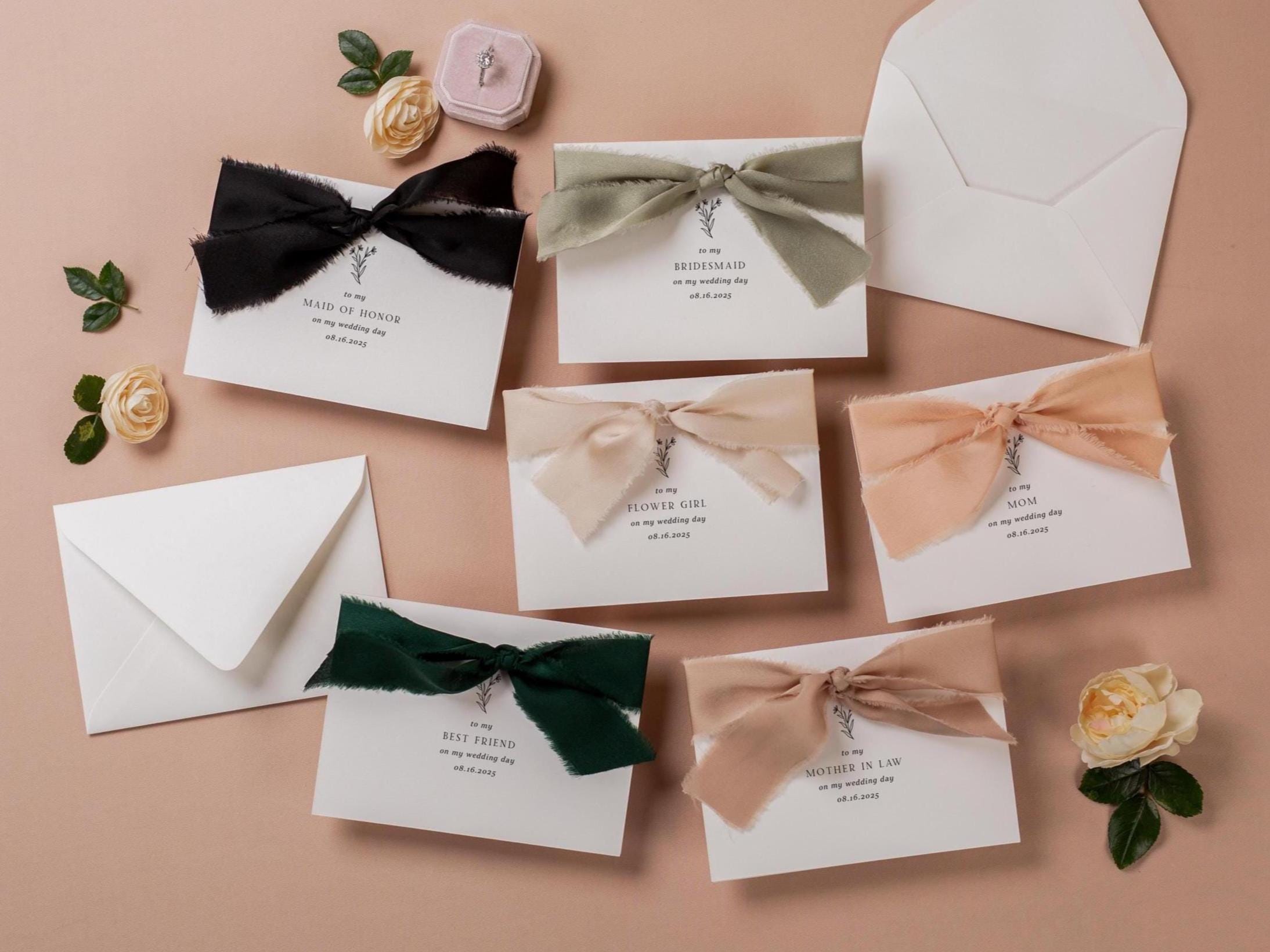 Wedding day folded card w/ ribbon (d1) - thank you cards to family bridal party moh bridesmaid mom dad mil fil parents gift