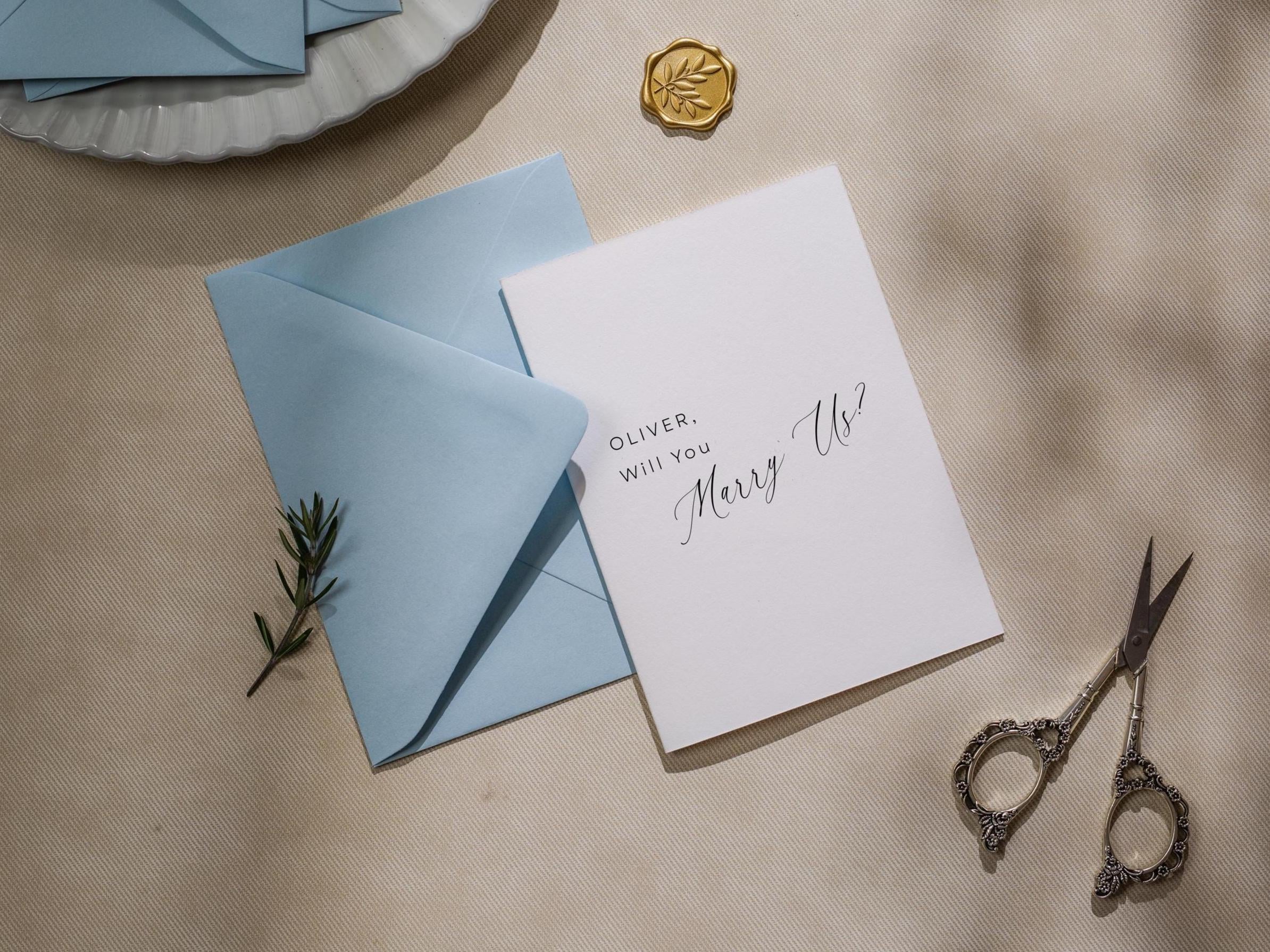 Will you marry us? wedding day folded card (d11) - custom name personalized sponsor officiant godparent host blank cards