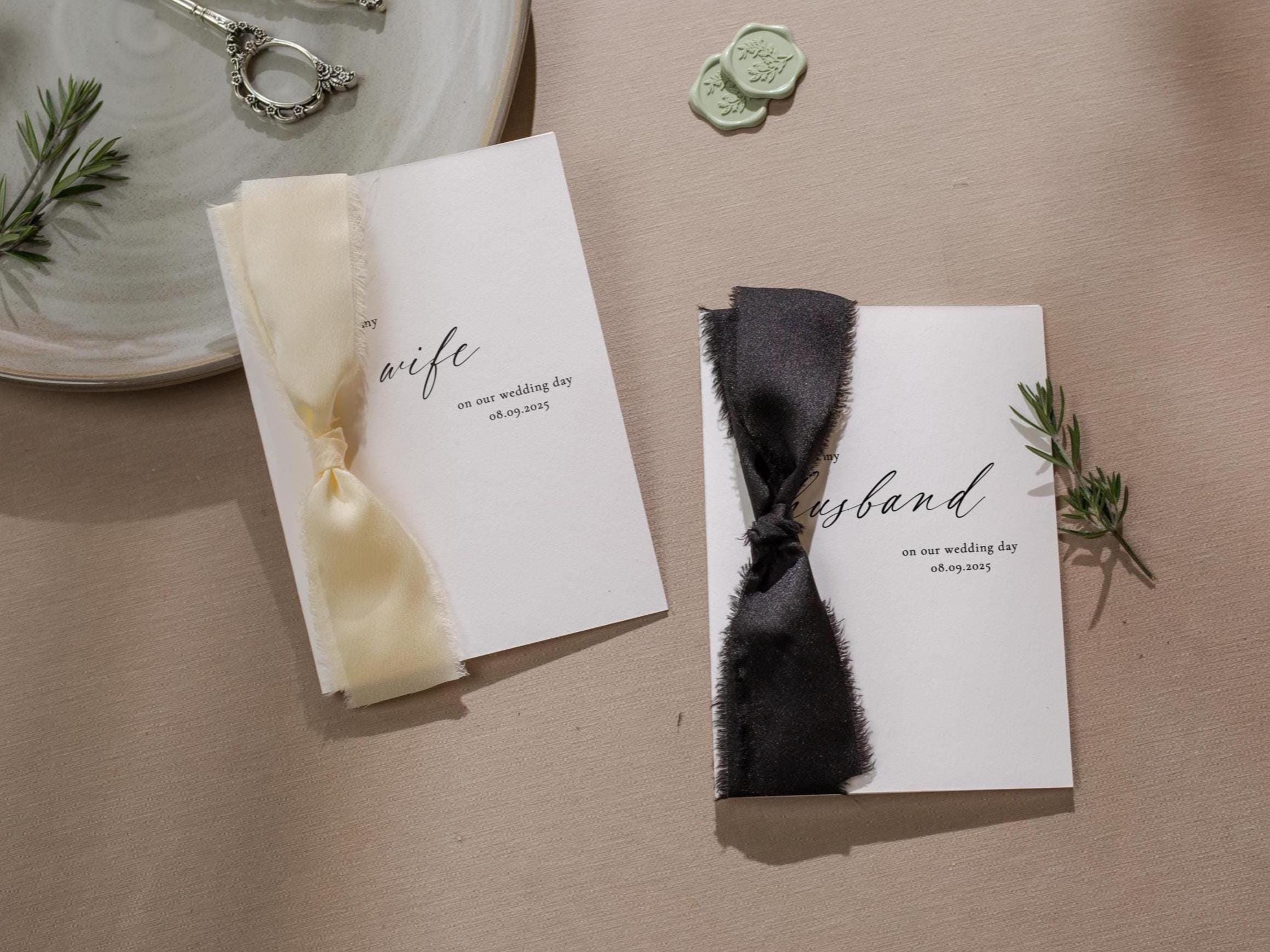 Wedding day folded card w/ ribbon (d4) - to my husband wife groom bride on our wedding day custom date on card ribbon envelope