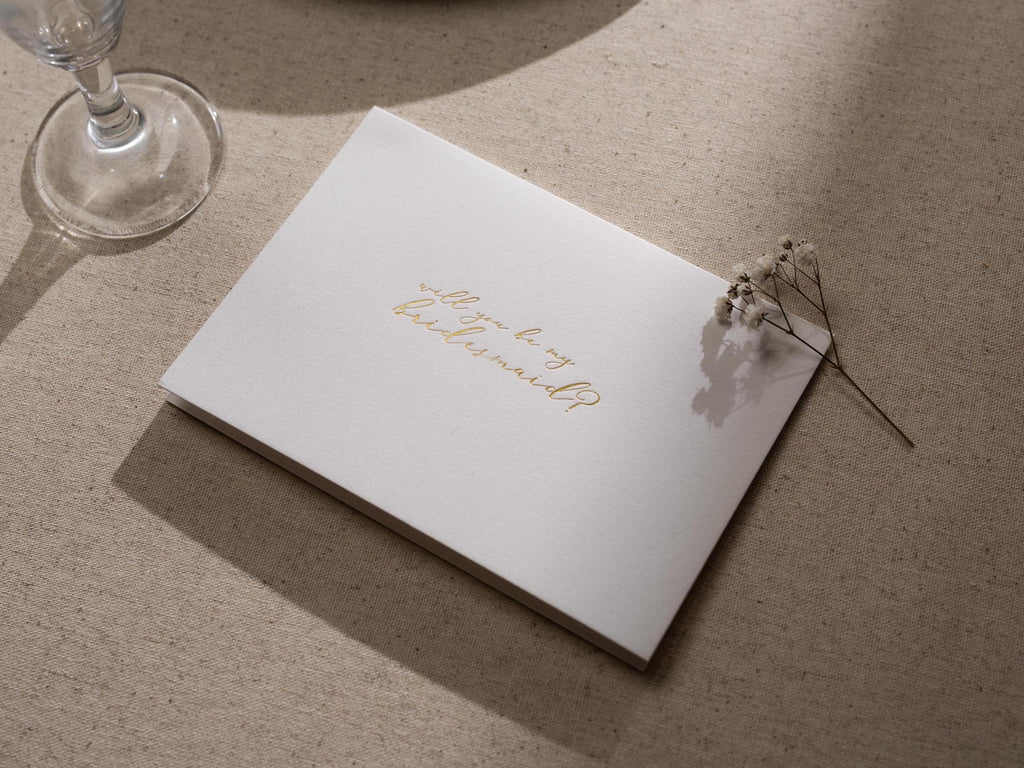 Gold Embossed Folded Card w/ Envelope (Bridesmaid) - Will You Be My Bridesmaid Proposal Card Minimalist Golden Letter Wedding Stationery