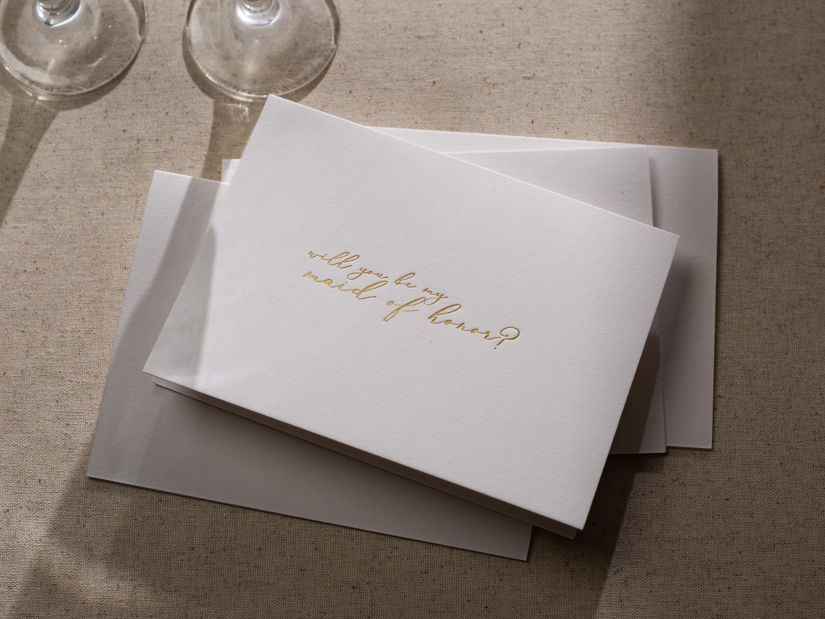 Gold Embossed Folded Card w/ Envelope (Maid) - Will You Be My Maid Of Honor Elegant Bridesmaid Proposal Card Wedding Planning Essential