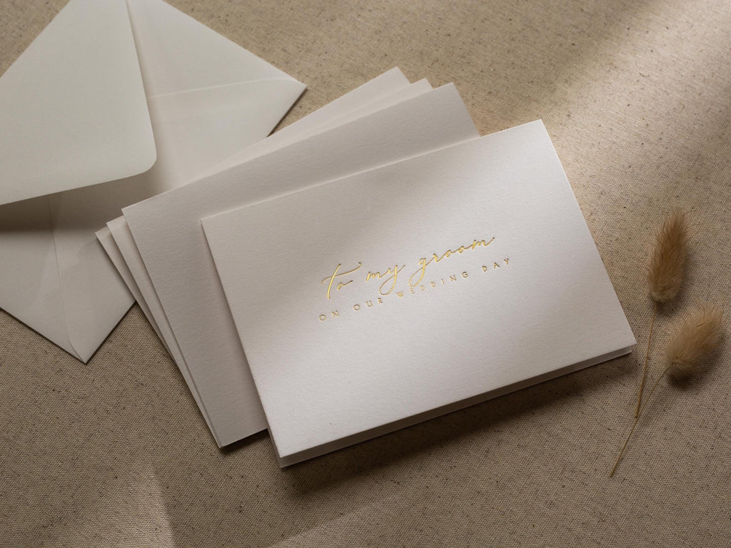 Gold Embossed Folded Card w/ Envelope (Groom) - To My Groom on Our Wedding Day Card Letters From The Bride Minimalist Wedding Stationery