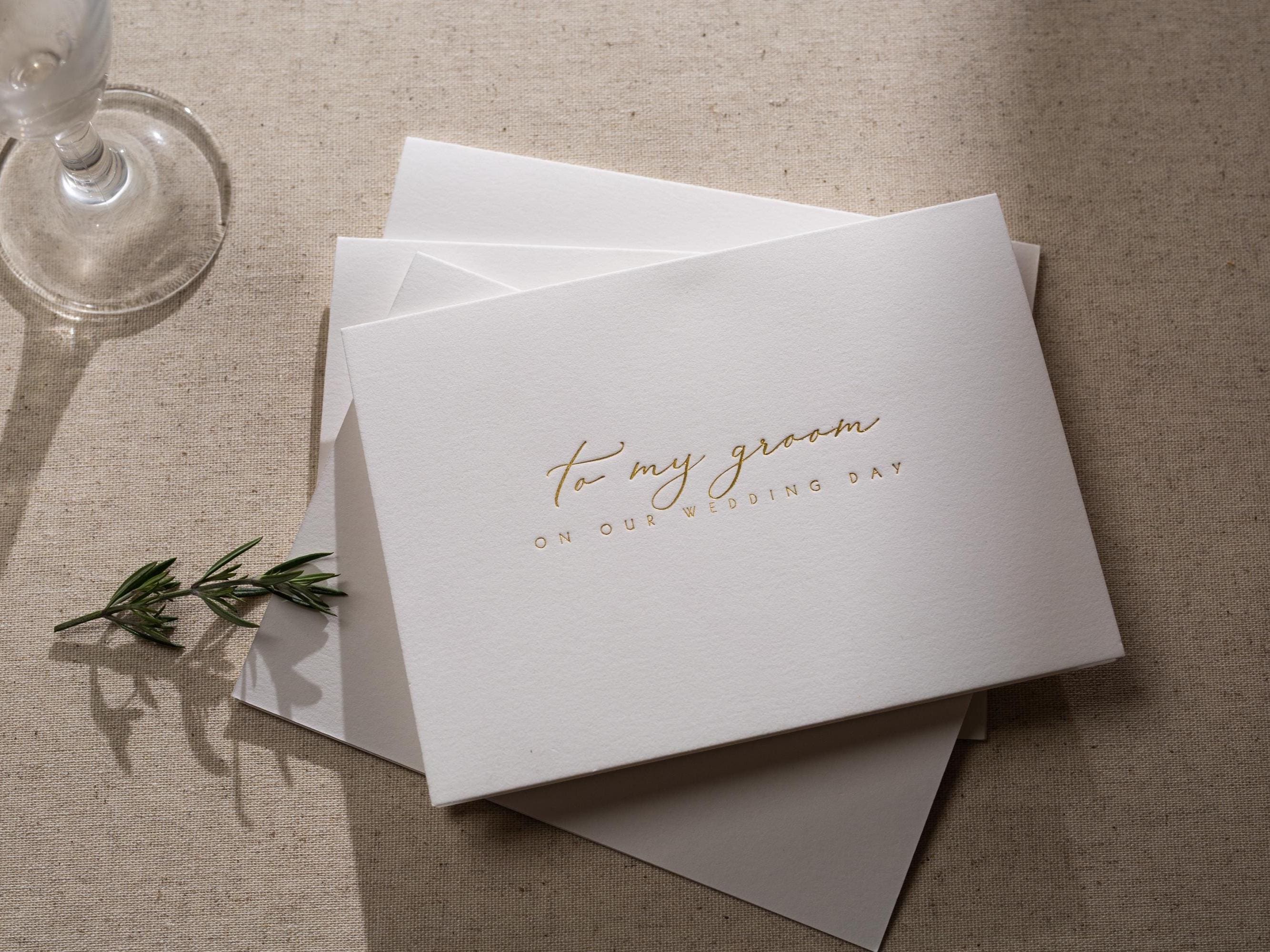Gold Embossed Folded Card w/ Envelope (Groom) - Wedding Day Card For Groom From Bride Elegant Message Romantic Wedding Morning Gift For Him