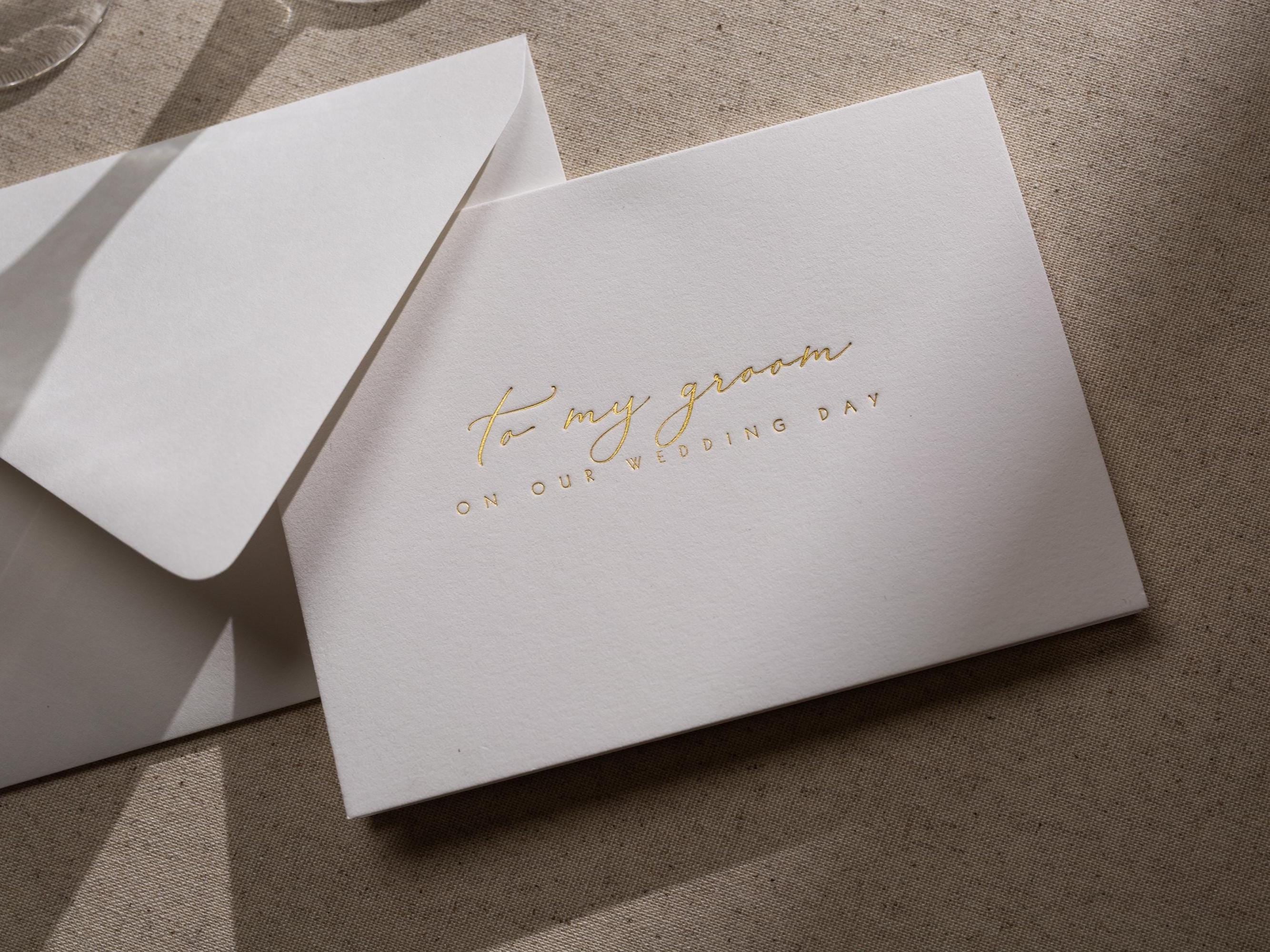 Gold Embossed Folded Card w/ Envelope (Groom) - Wedding Day Card For Groom From Bride Elegant Message Romantic Wedding Morning Gift For Him