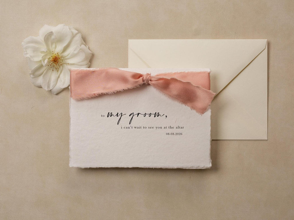 Deckle Edge Wedding Day Folded Card (D20) - to my husband wife groom bride see you at the altar personalized custom name date ribbon 5x7"