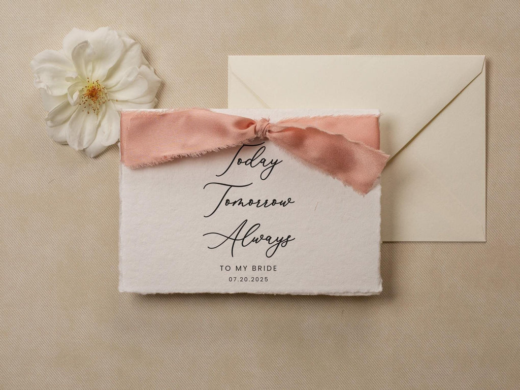 Deckle Edge Wedding Day Card (D22) - Today Tomorrow Always, to my husband wife bride groom personalized custom name date ribbon, 5x7"