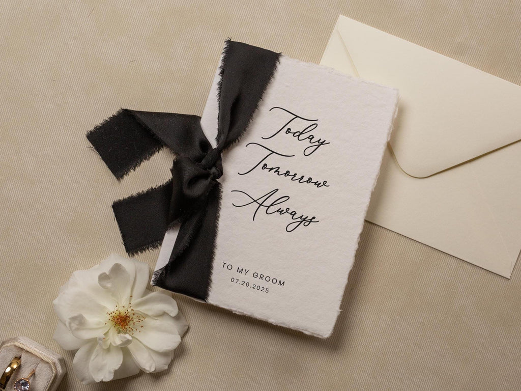 Deckle Edge Wedding Day Card (D22) - Today Tomorrow Always, to my husband wife bride groom personalized custom name date ribbon, 5x7"