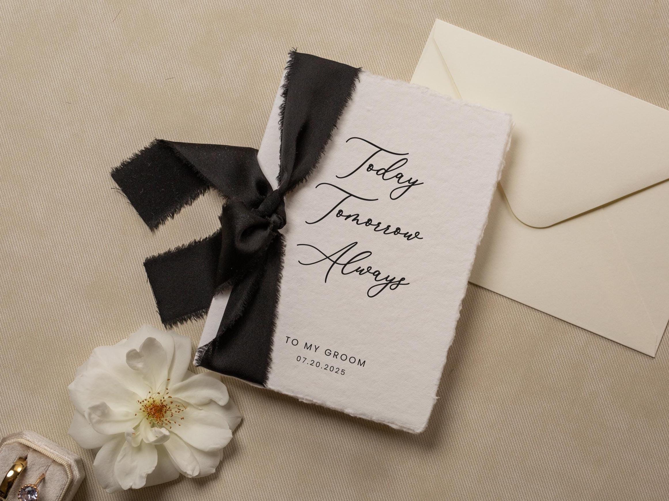 Deckle Edge Wedding Day Card (D22) - Today Tomorrow Always, to my husband wife bride groom personalized custom name date ribbon, 5x7"