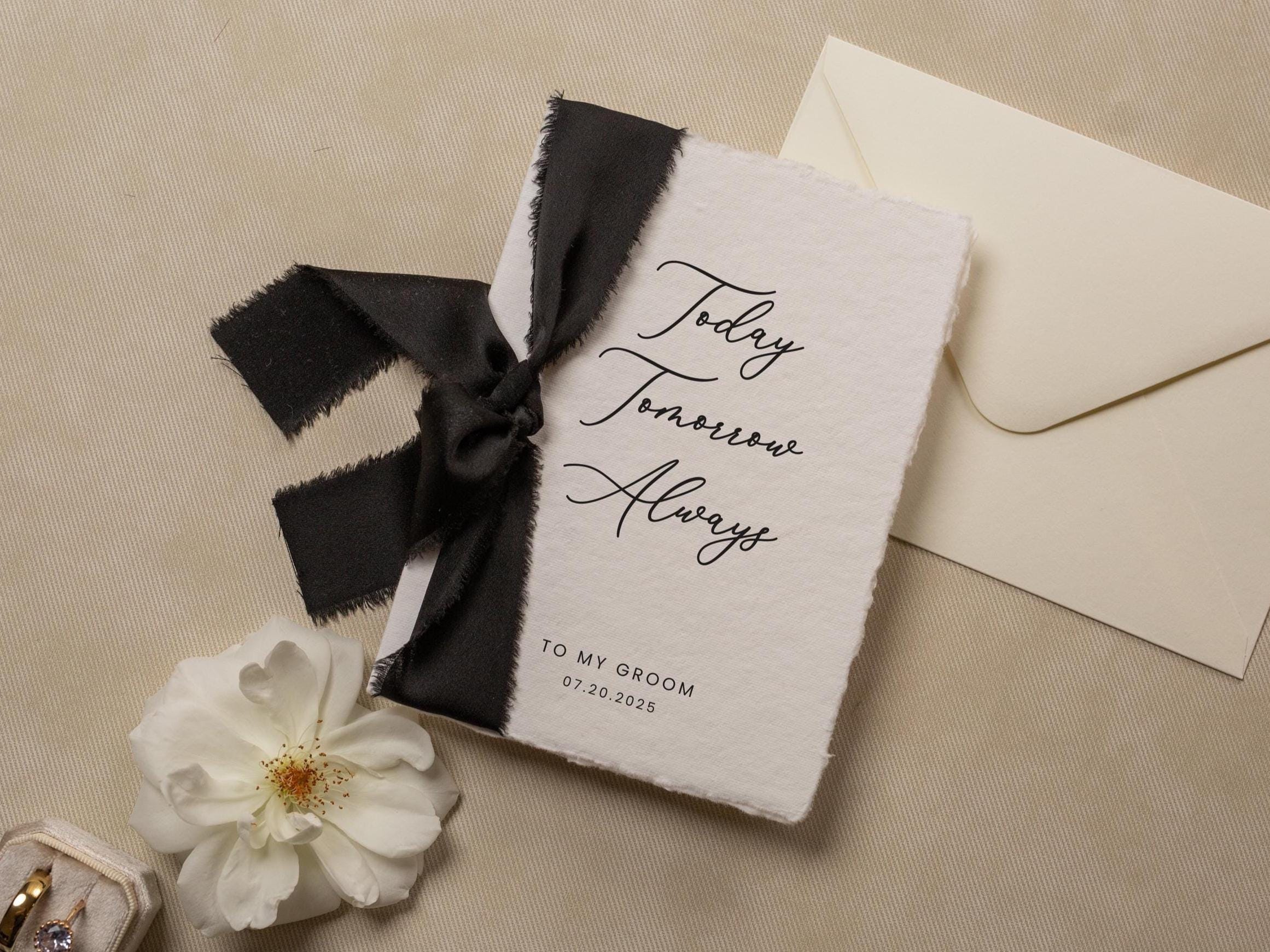 Deckle Edge Wedding Day Card (D22) - Today Tomorrow Always, to my husband wife bride groom personalized custom name date ribbon, 5x7"