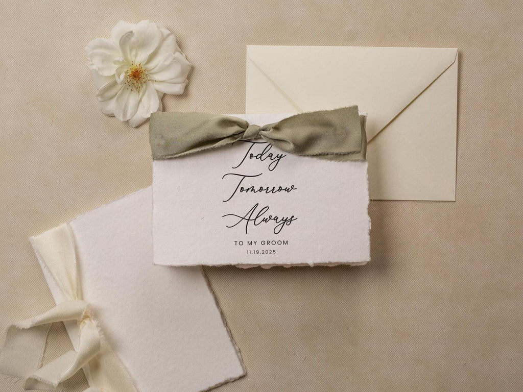 Deckle Edge Wedding Day Card (D22) - Today Tomorrow Always, to my husband wife bride groom personalized custom name date ribbon, 5x7"