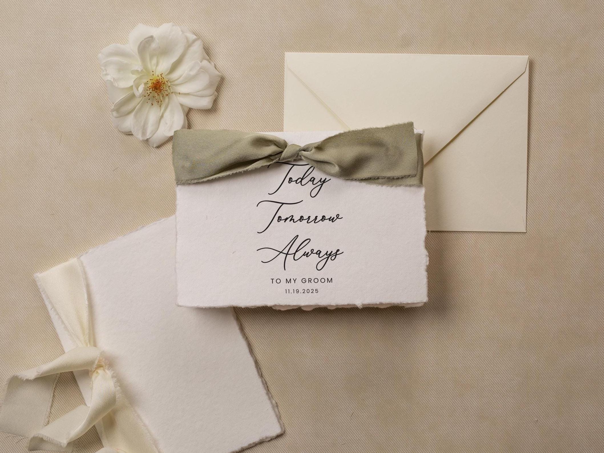 Deckle Edge Wedding Day Card (D22) - Today Tomorrow Always, to my husband wife bride groom personalized custom name date ribbon, 5x7"