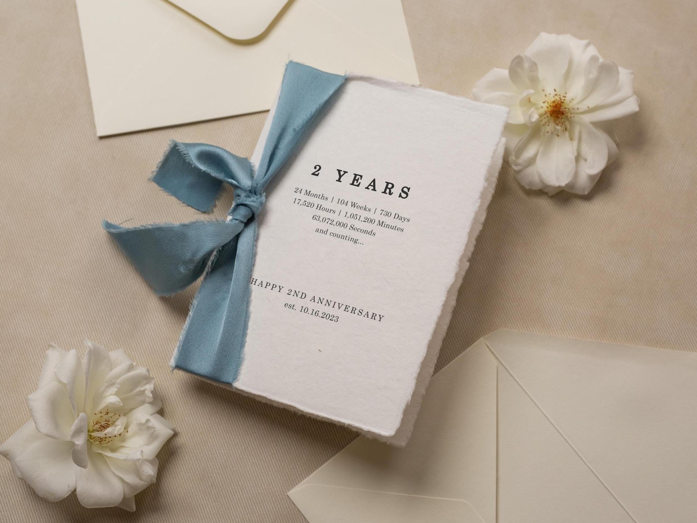 Deckle Edge 2nd Wedding Anniversary Folded Card (D21) - to husband wife personalized custom name date ribbon cotton second anniversary 5x7"