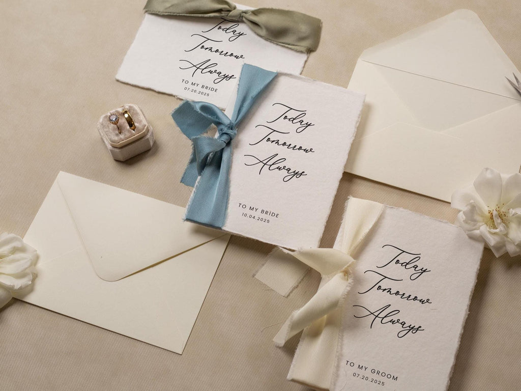 Deckle Edge Wedding Day Card (D22) - Today Tomorrow Always, to my husband wife bride groom personalized custom name date ribbon, 5x7"
