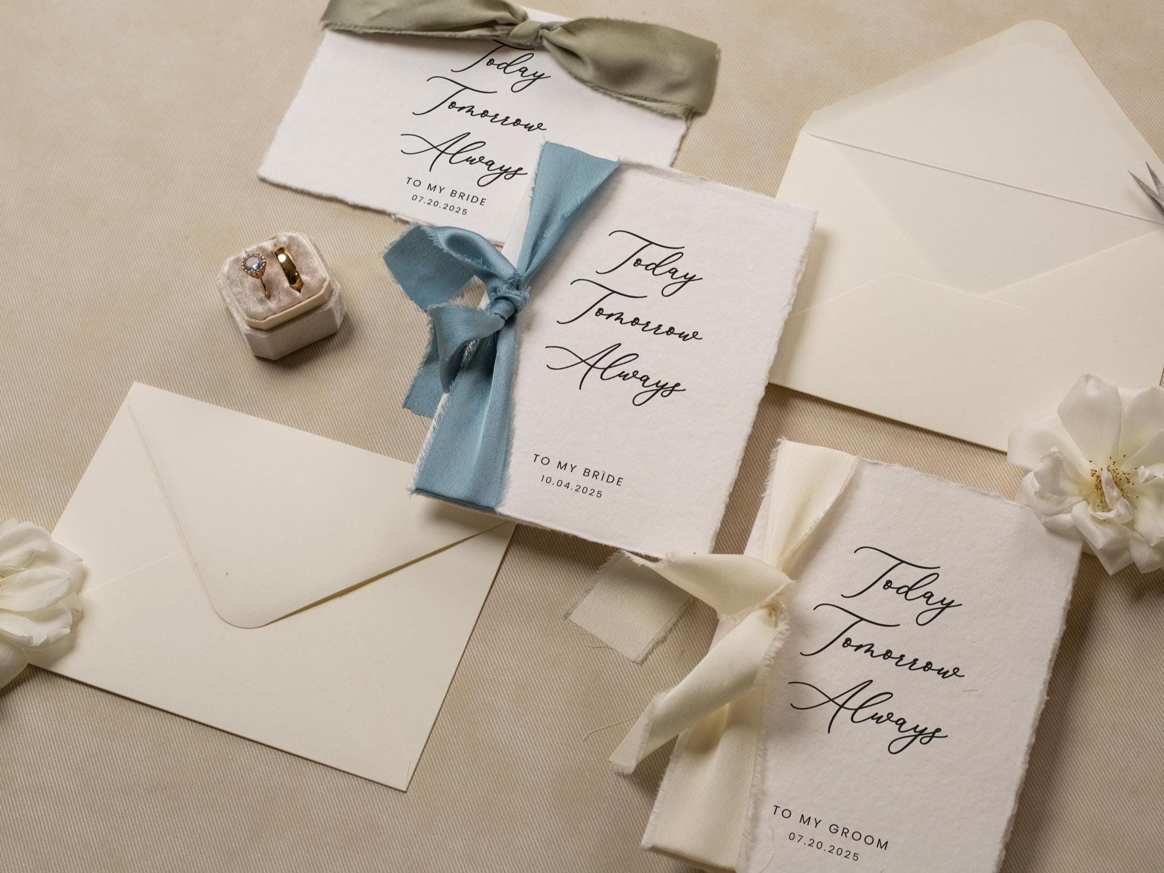 Deckle Edge Wedding Day Card (D22) - Today Tomorrow Always, to my husband wife bride groom personalized custom name date ribbon, 5x7"