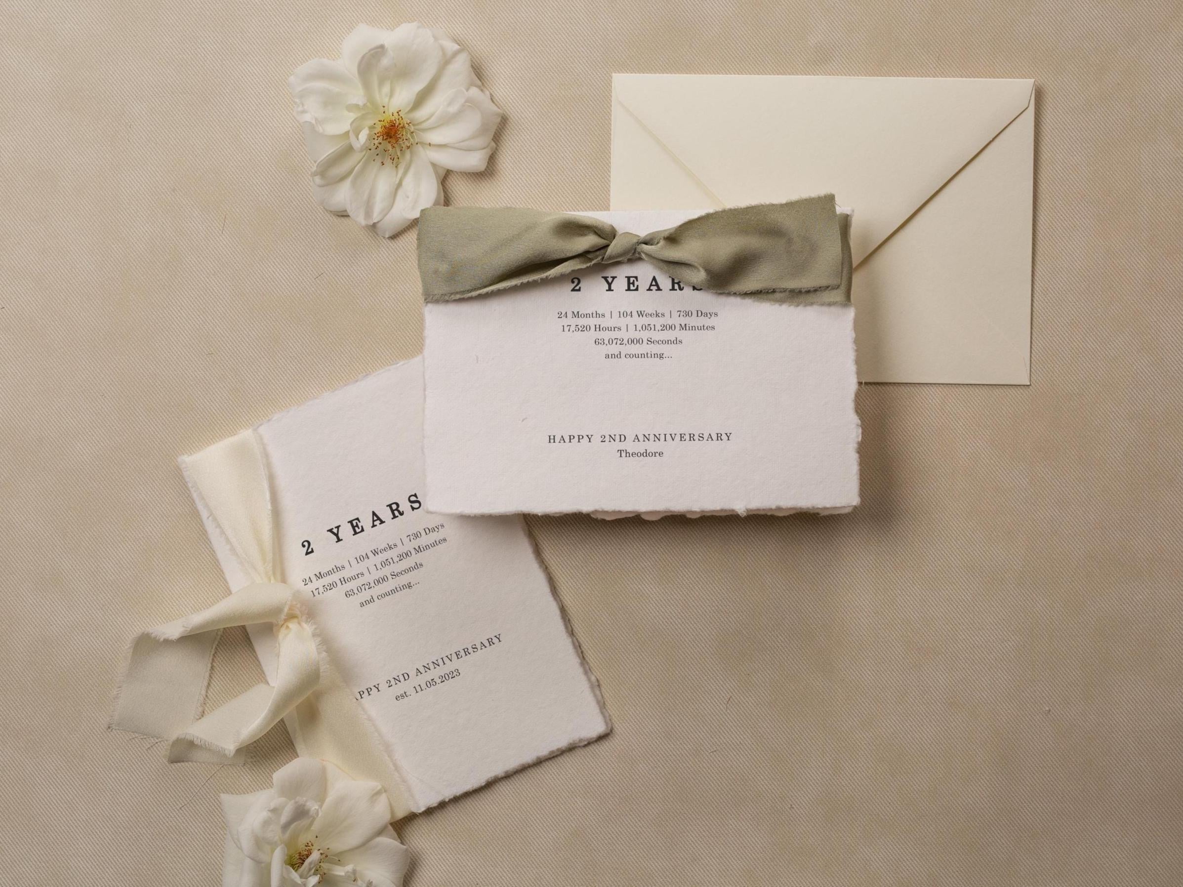 Deckle Edge 2nd Wedding Anniversary Folded Card (D21) - to husband wife personalized custom name date ribbon cotton second anniversary 5x7"