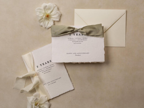 Deckle Edge 2nd Wedding Anniversary Folded Card (D21) - to husband wife personalized custom name date ribbon cotton second anniversary 5x7"