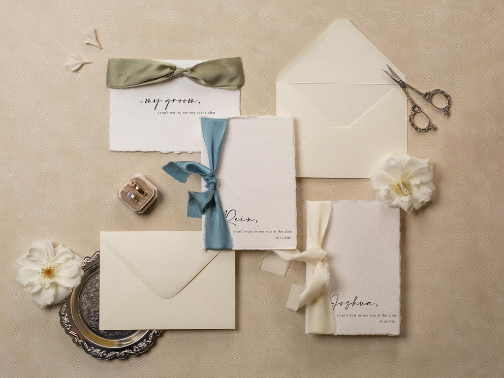 Deckle Edge Wedding Day Folded Card (D20) - to my husband wife groom bride see you at the altar personalized custom name date ribbon 5x7"