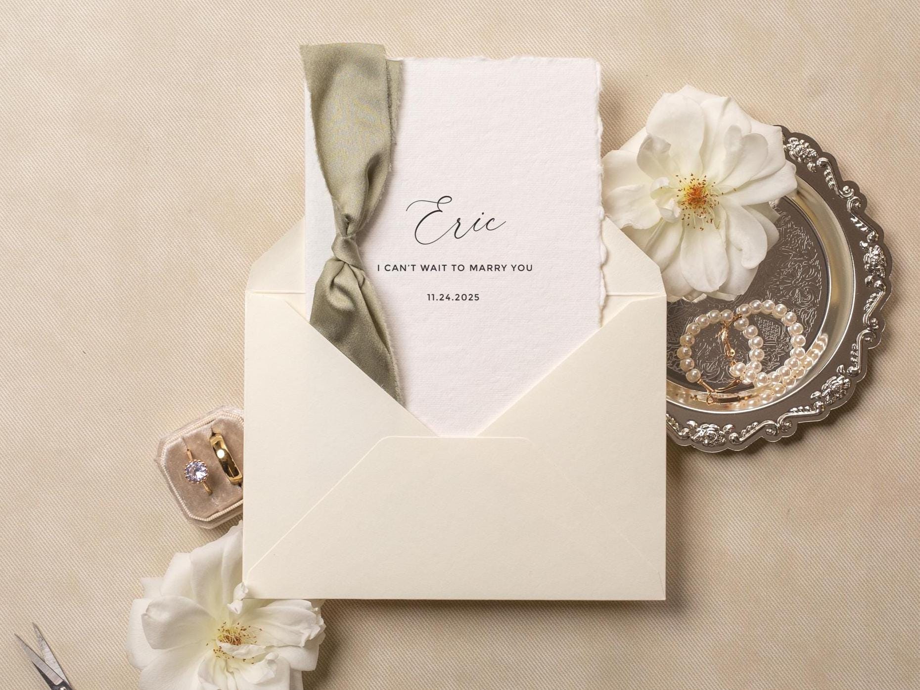 Deckle Edge Wedding Day Folded Card (D19) - to my husband wife groom bride on our wedding day personalized custom name date ribbon 5x7"