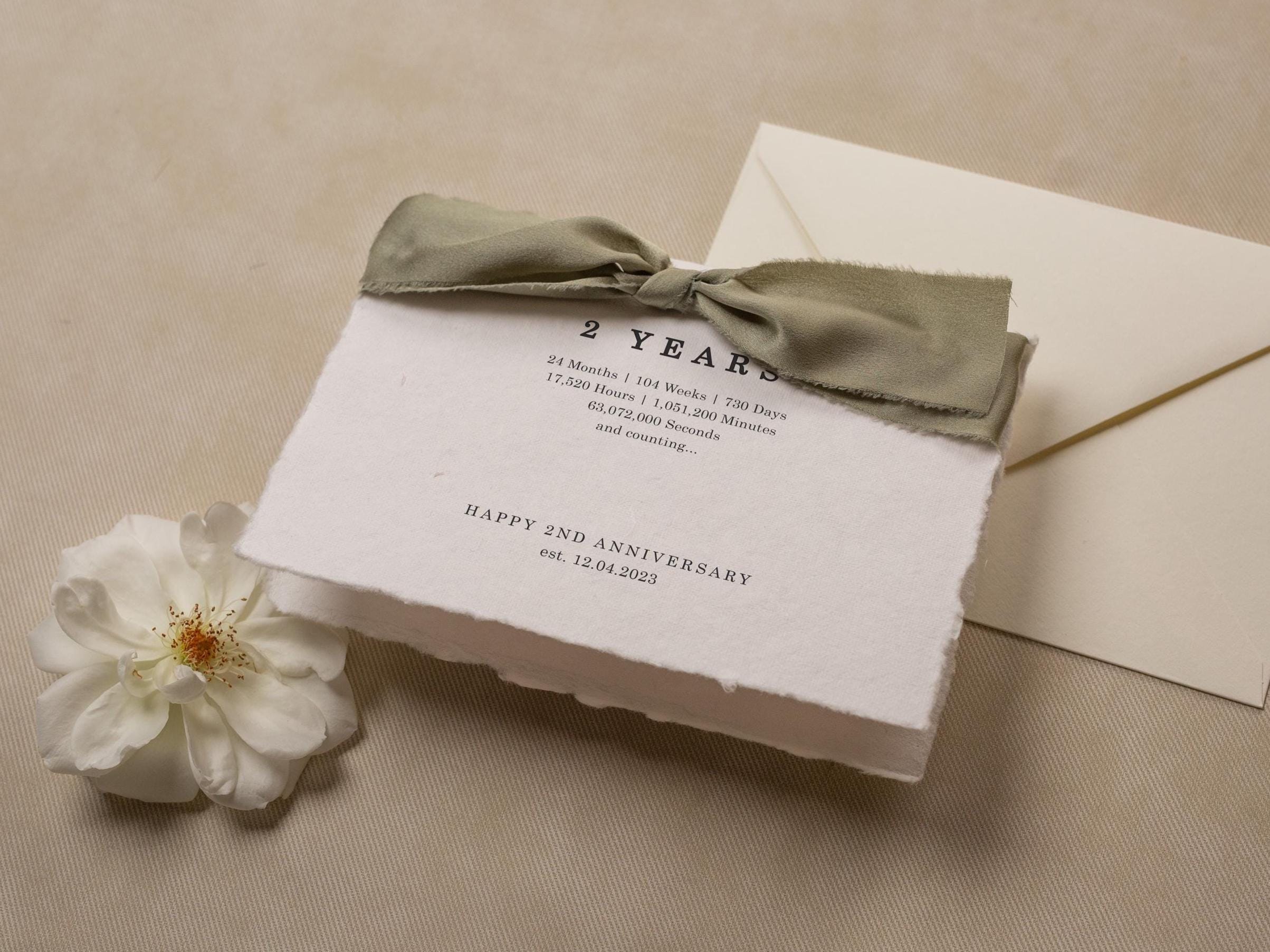 Deckle Edge 2nd Wedding Anniversary Folded Card (D21) - to husband wife personalized custom name date ribbon cotton second anniversary 5x7"