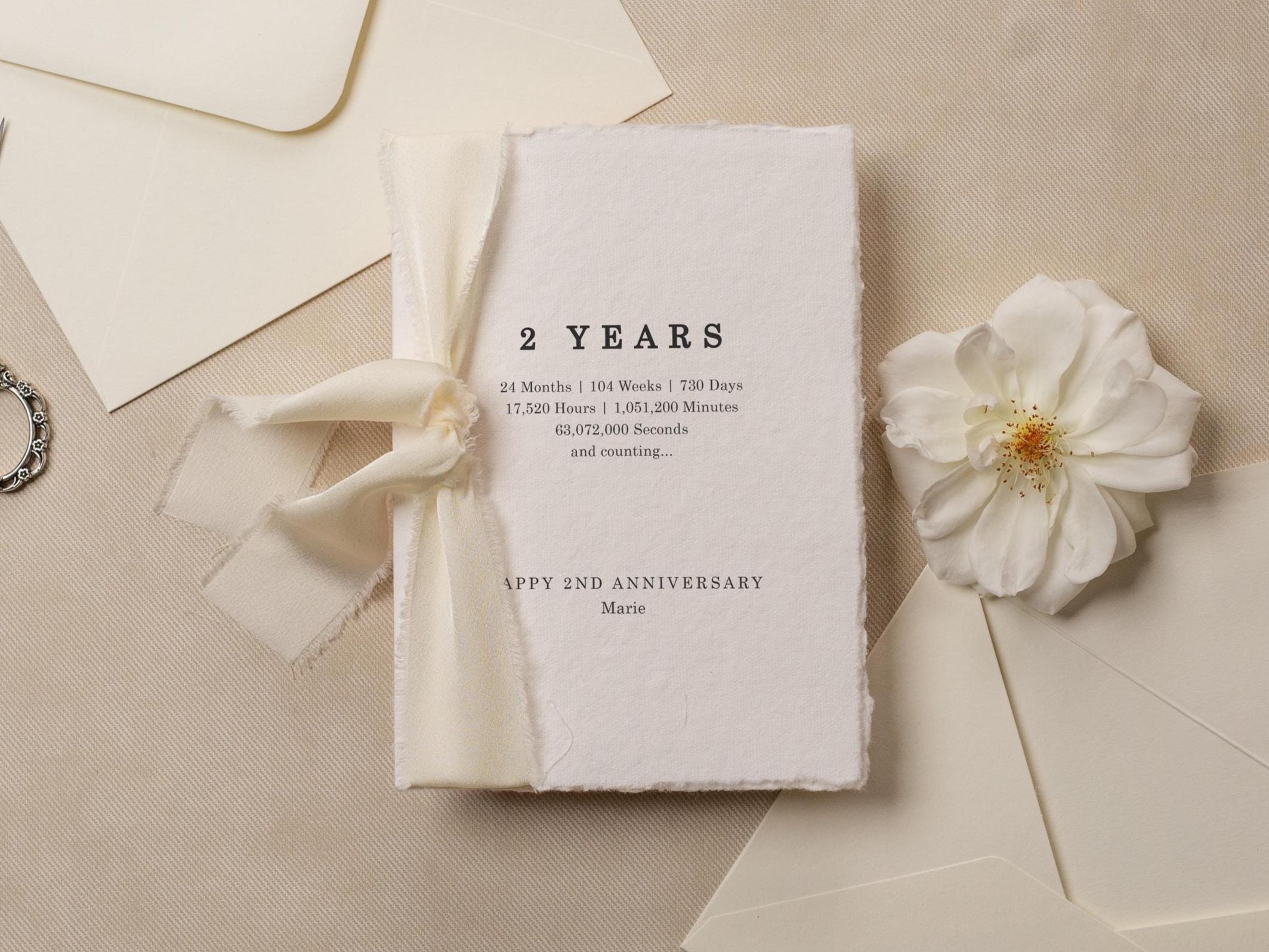 Deckle Edge 2nd Wedding Anniversary Folded Card (D21) - to husband wife personalized custom name date ribbon cotton second anniversary 5x7"