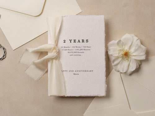 Deckle Edge 2nd Wedding Anniversary Folded Card (D21) - to husband wife personalized custom name date ribbon cotton second anniversary 5x7"