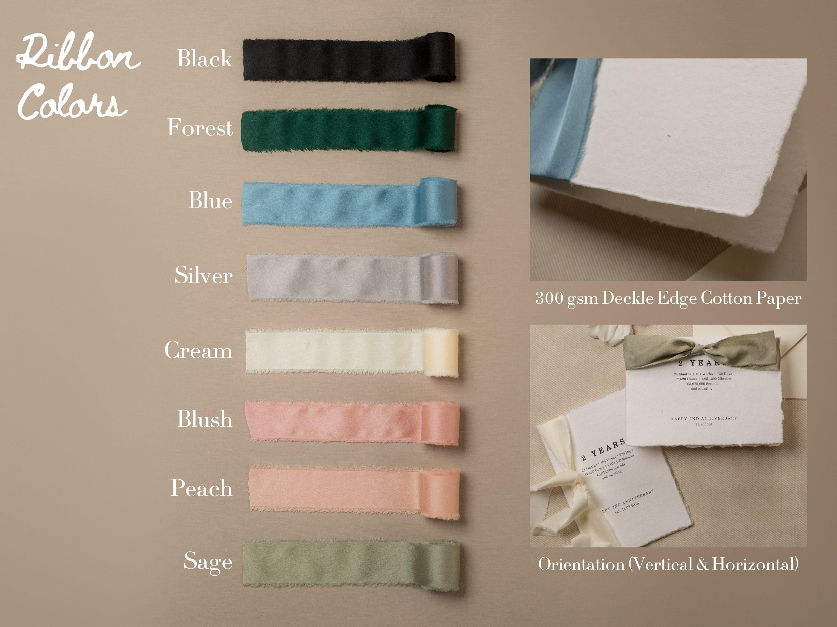 Deckle Edge 2nd Wedding Anniversary Folded Card (D21) - to husband wife personalized custom name date ribbon cotton second anniversary 5x7"