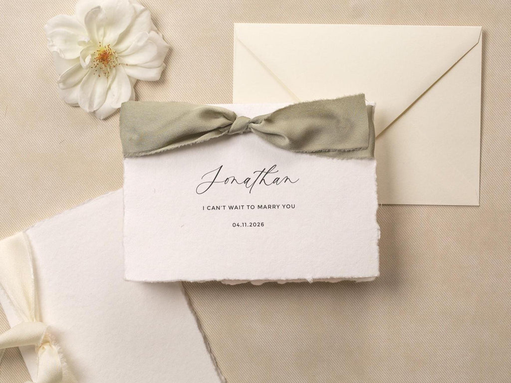 Deckle Edge Wedding Day Folded Card (D19) - to my husband wife groom bride on our wedding day personalized custom name date ribbon 5x7"