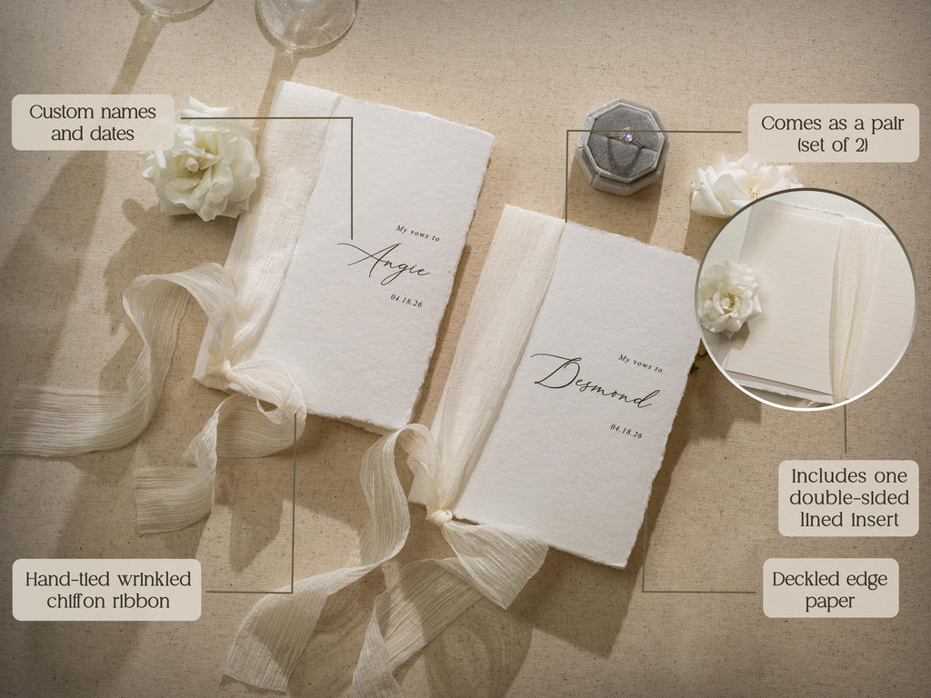 Personalized Deckled Edge Wedding Vow Booklets D4 - Set of 2, Vow Books w/ Ribbon, Vow Renewals, My Promises to, Custom Names and Date, 5x7"