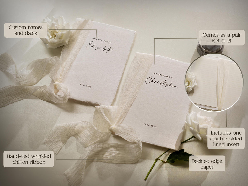 Personalized Deckled Edge Wedding Vow Booklets D2 - Set of 2, Vow Books w/ Ribbon, Vow Renewals, My Promises to, Custom Names and Date, 5x7"