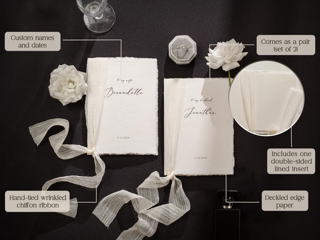 Personalized Deckled Edge Wedding Vow Booklets D3 - Set of 2, Vow Books w/ Ribbon, Vow Renewals, To My Husband Wife, Custom Names Date, 5x7"