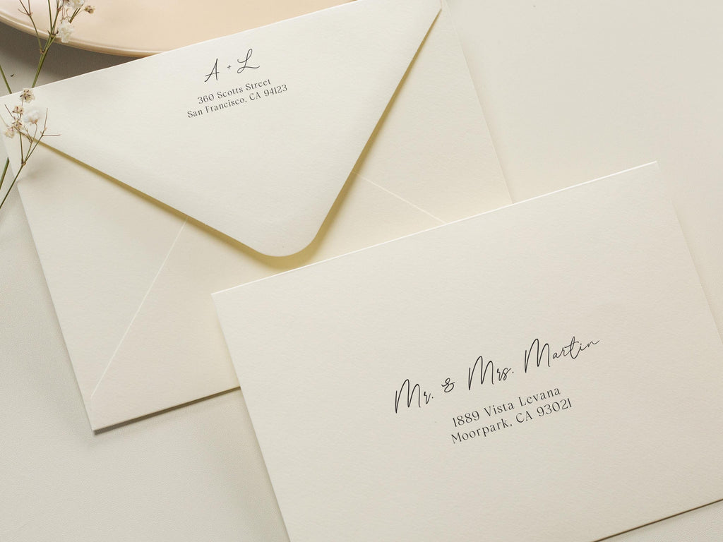 A7 envelope address printing (d1) - with white or black ink custom wedding guest invitation black navy green return envelopes personalized