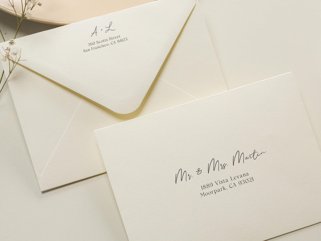 A7 envelope address printing (d1) - with white or black ink custom wedding guest invitation black navy green return envelopes personalized