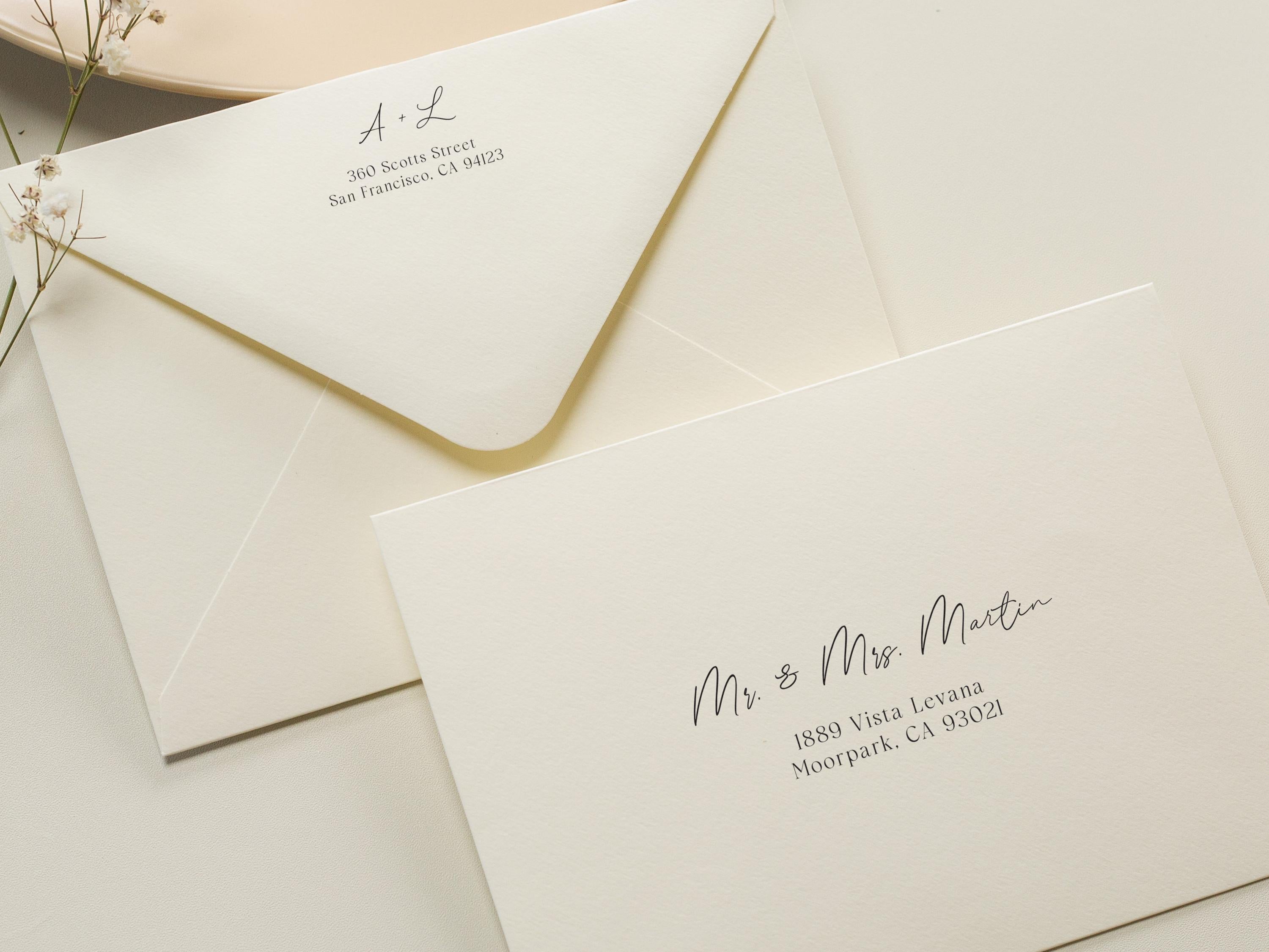 A7 envelope address printing (d1) - with white or black ink custom wedding guest invitation black navy green return envelopes personalized