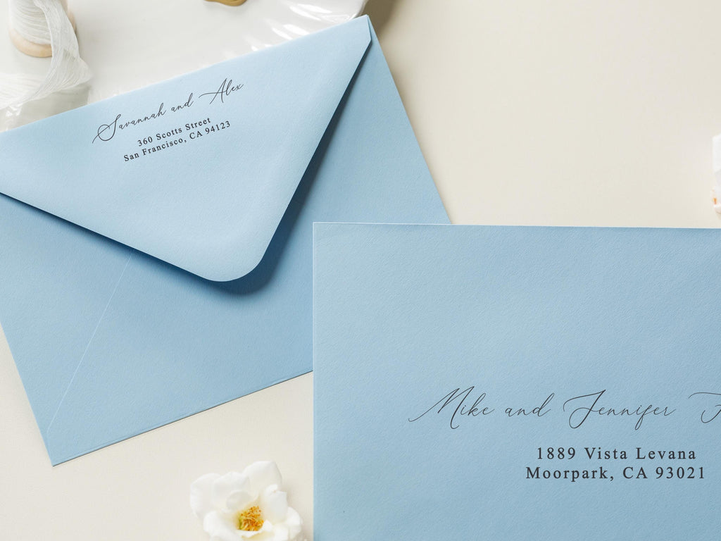 A7 envelope address printing (d4) - with white or black ink custom wedding guest invitation black navy green return envelopes personalized
