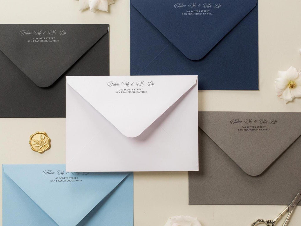A7 envelope address printing (d2) - with white or black ink custom wedding guest invitation black navy green return envelopes personalized